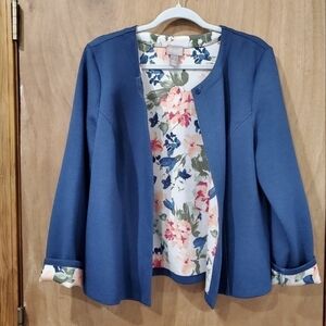 CHICO'S LIGHTWEIGHT JACKET BLUE FLORAL INTERIOR WOMEN SIZE 2 LARGE ONE BUTTON